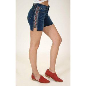Grace in LA Women's Floral Embroidered Side Stripe Stretch Denim Jean Shorts